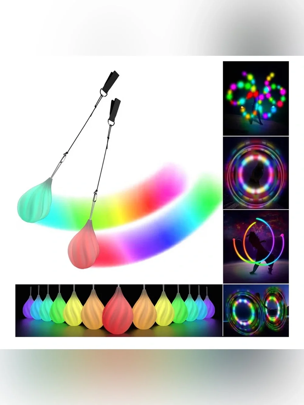 Set of swirled teardrop LED Poi balls - glowing flow arts